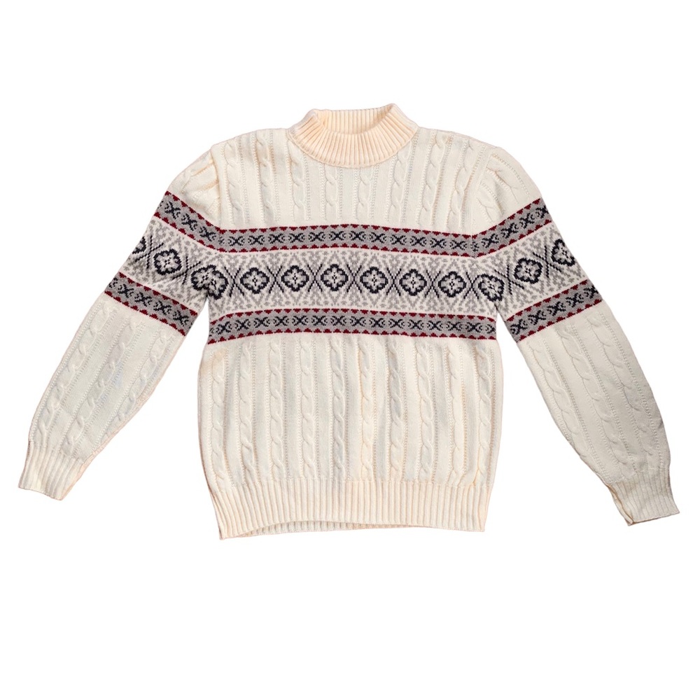 Vintage 70s 80s Jantzen Nordic Fair Isle Cable Knit Mock Neck Oversized Sweater - Picture 2 of 6